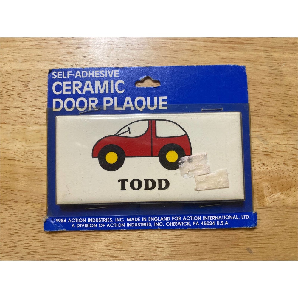 Vintage Retro TODD With Red Car Dead Stock Ceramic Door Name Plaque Wall Sign